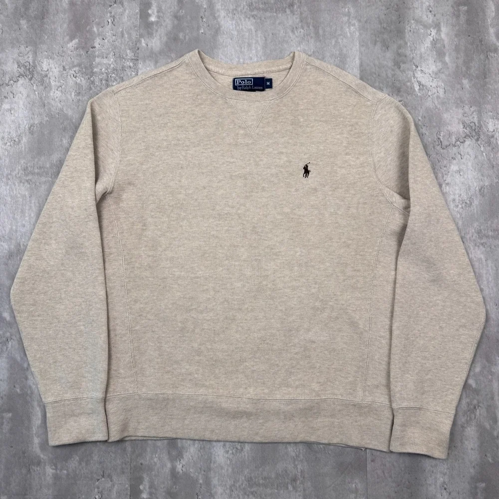 Vintage Polo Ralph Lauren Sweatshirt Mens Medium Oatmeal Cotton Sweater Prep